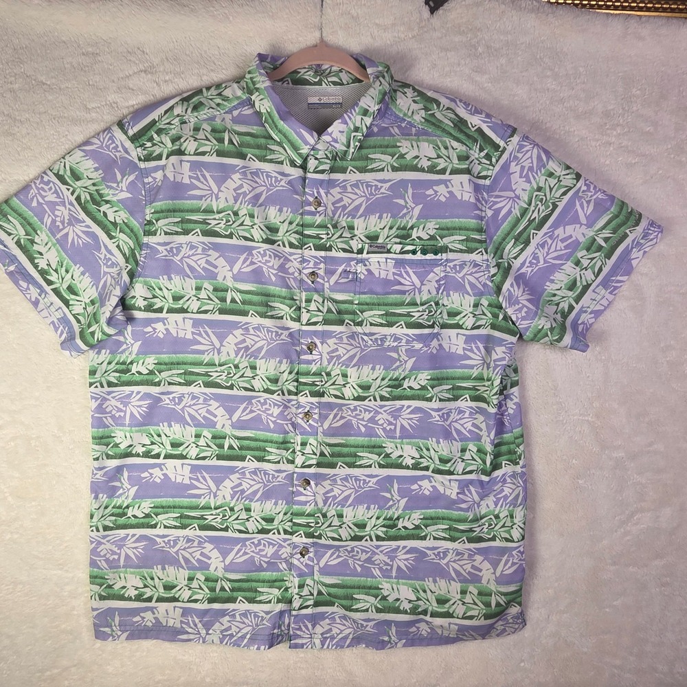 Columbia PFG Mens XL Purple Green‎ Tropical Fish Bamboo Fishing Shirt FM1039 - Picture 2 of 12
